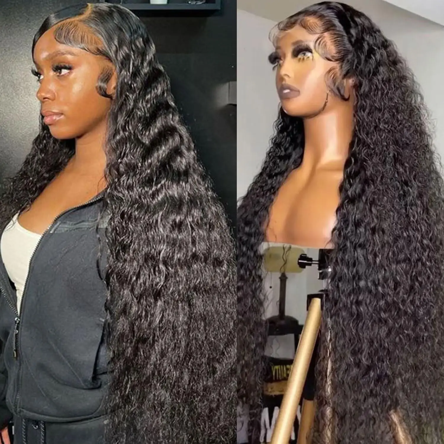 Lemoda Full 13x6 SKINLIKE Real HD Lace Frontal Wigs 210% Water Wave Full Lace Frontal Wigs Deep Wave Virgin Human Hair Invisible 0.1mm Ultra-thin Frayed Ends Wet and Wavy Wig Tiny Knots