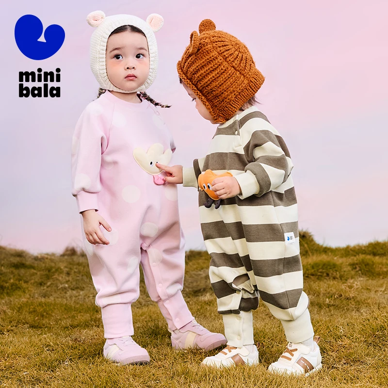 Mini Bala Long-Sleeved Pure Cotton Fleece-Lined One-Piece Outfit for Boys and Girls 2024 New Autumn and Winter Styles