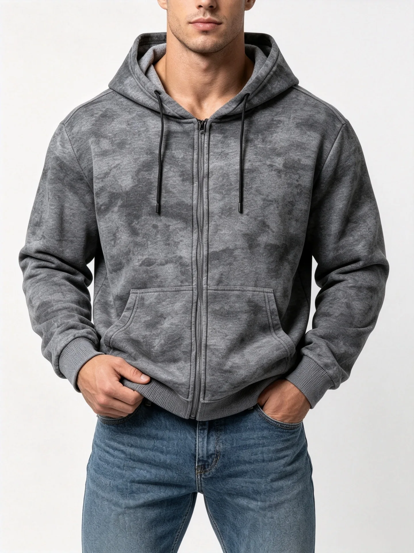 Men Tie Dye Zip Up Hoodie Heavyweight Full Zip Hooded Sweatshirt European High Street Loose Streetwear Autumn Casual Outerwear J