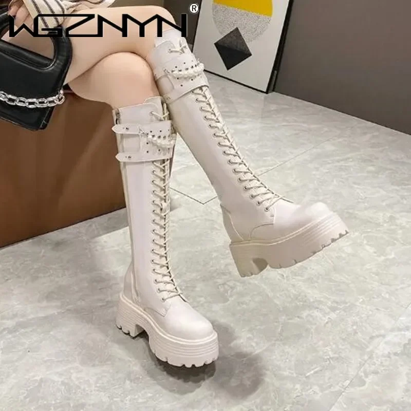 Winter Leather Warm Plush Boots Women Pearl Knee High Boots Casual Chunky Punk Shoes Woman 8.5CM High Heels Platform Long Boots