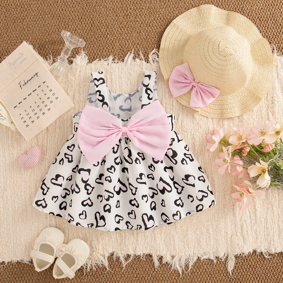 Summer Baby Girl Pink Dress Bow Heart Pattern Sleeveless Dress with Hat Korean Style Outfit for Girls Beach Travel