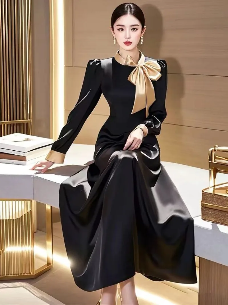 New French Fashion Autumn Dress Women High End Elegant Slim Satin Bow Small Fragrant Solid Color A-line Party Dress Vestidos