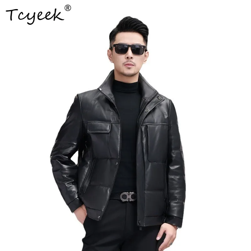

Tcyeek Sheepskin Autumn Winter Trendy Stand Collar White Duck Down Inner Liner Men's Genuine Leather Jacket Jaquetas Masculino