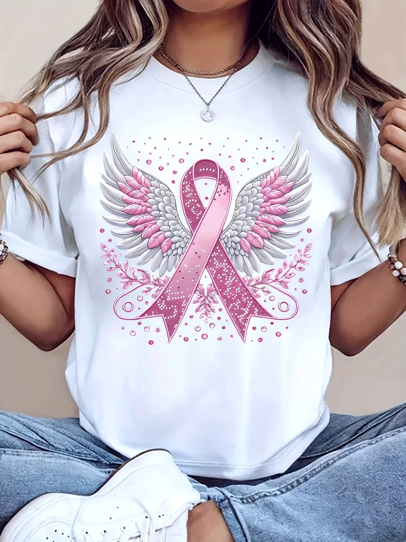 T-Shirt mit Aufdruck zur Aufmerksamkeit für Brustkrebs, kurzärmelig, normaler Schnitt, Rundhalsausschnitt, für Damen, ideal für den Sommer, Freizeitaktivitäten im Freien, Y2k-Stil, atmungsaktives Material. – Detail 1