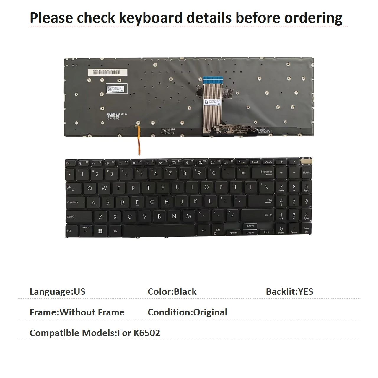 New US Language  Backlit Keyboard For ASUS K6502 Notebook PC Replacement Keyboard
