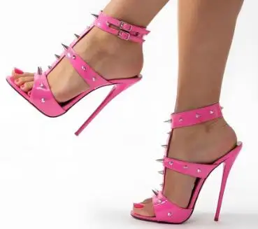 

Pink Red Black Patent Leather Spike Rivet Open Toe Sandals Punk Style T-strap Thin Heels Hollow Buckle Strap Stilettos Sandals