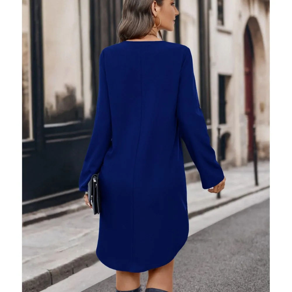 Elegant Women's Solid Color Irregular Mini Dress 2024 New Ladies Zipper V Neck Long Sleeved Shirt Dress Casual Loose Femme Robe