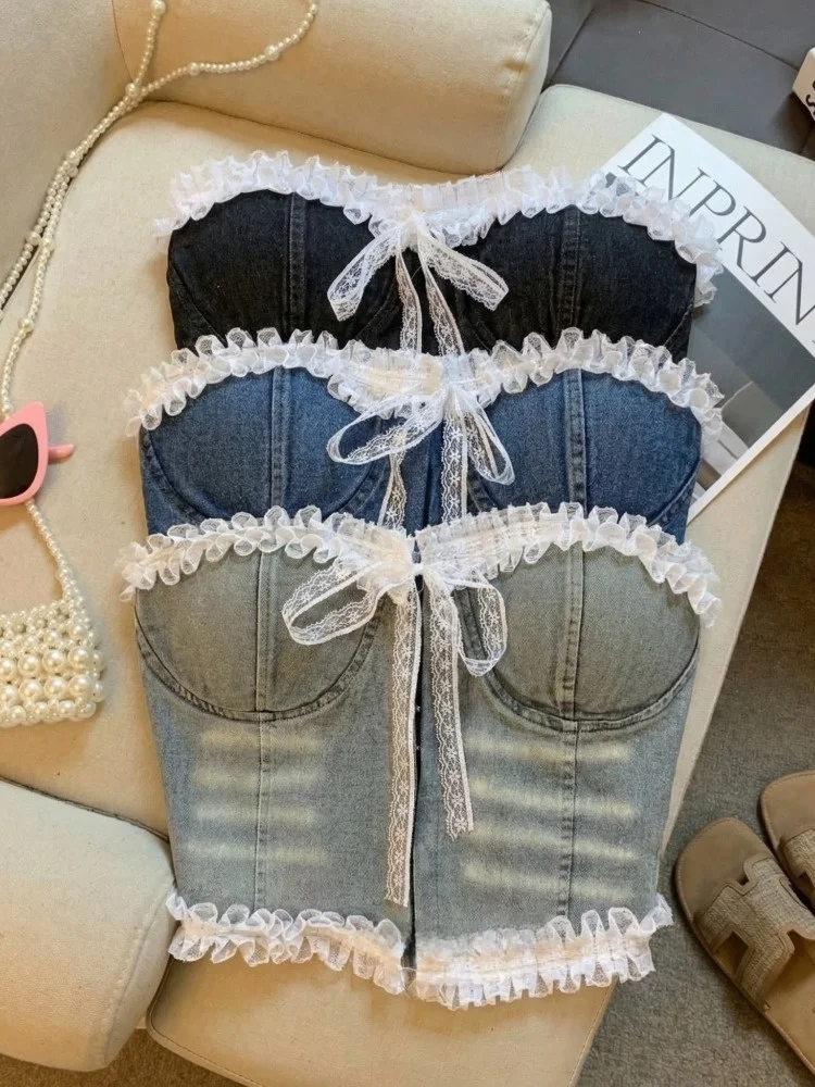 

Street Style Sweet Lace Trim Splice Denim Tube Top Women Summer Knot Short Sleeveless Shirt City Walk Fashion Slim Fit GZL160...