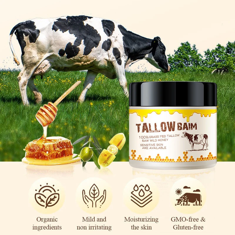 Grass Fed Tallow Baim Raw Wild Honey Balm, Natural Face Body Moisturizer Nourishing Cream,Sensitive Skin Deep Hydrating Repair