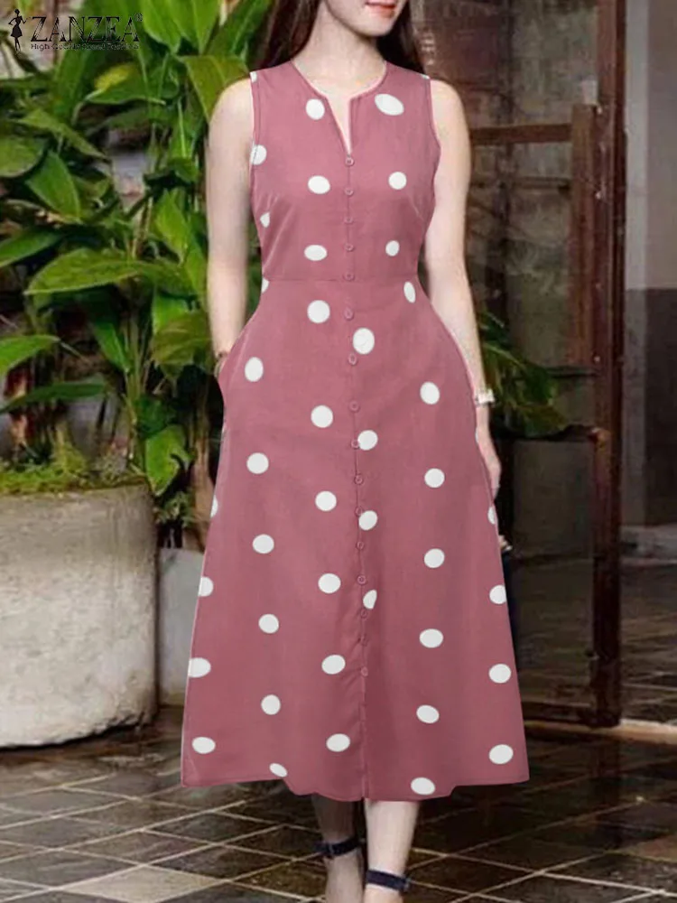 

2025 Elegant V Neck Sleeveless Party Dress ZANZEA Summer Polka Dots Women Dresses Stylish A Line Work OL Sundress Midi Vestidos