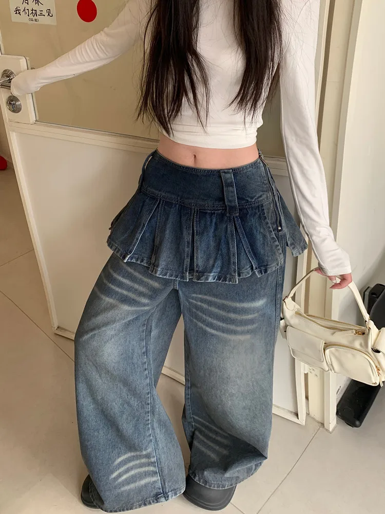2026 Cyber Y2K Streetwear Vintage Braune Baggy Stacked Jeans für Damen – Weite Bein Denim-Hose Pantalon Femme – Detail 24