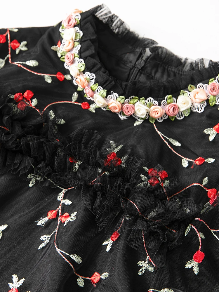 DSFACAIRIJ Women's Vintage Floral Embroidery Maxi Dress Stand Collar Lantern Sleeve Ruffles Appliques Mesh Autumn Female