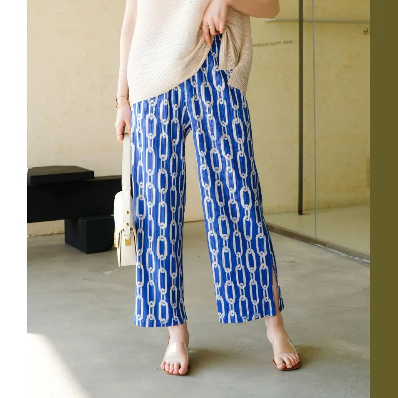 2025Summer Casual Pants Miyake Pleated Side Split Printed Versatile Straight Pants Loose Large Size with Elasticity Thin Section