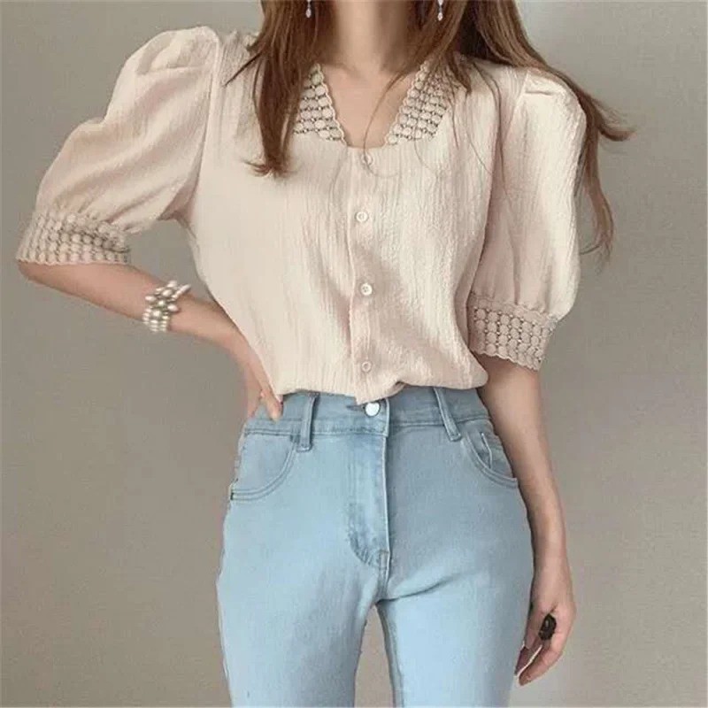 Korean Chic Summer French Minority Retro V-neck Single-Breasted Pleated Puff Sleeve Lace Shirt Top