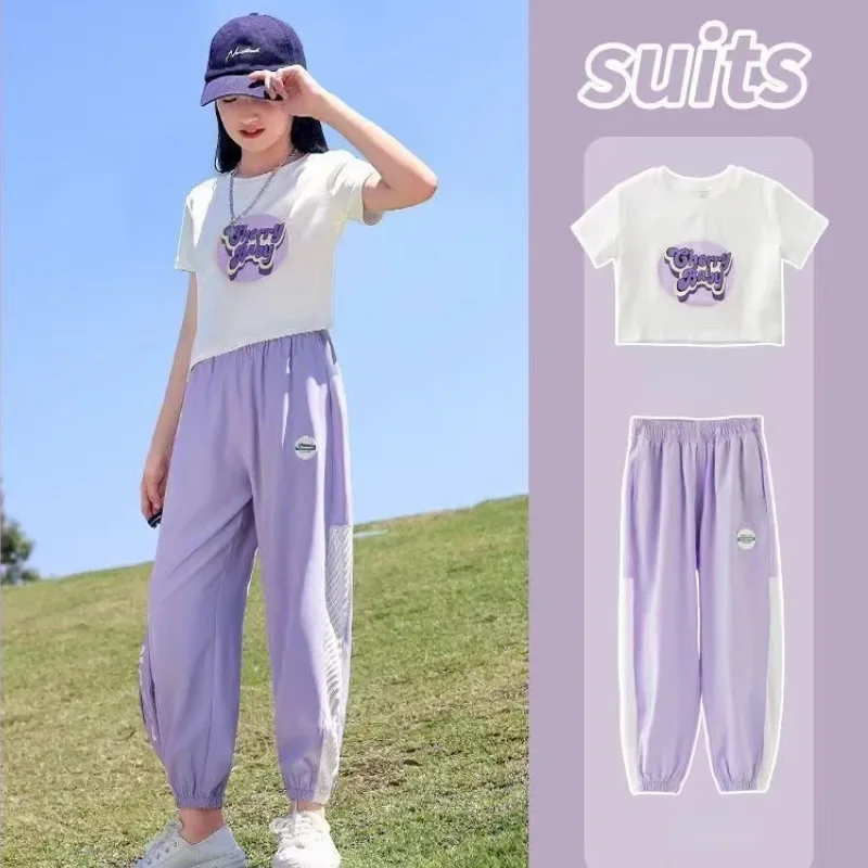 5-14Year Teenage Girls Summer Clothes New Hot Letters Printed Mini White Shirt Long Trousers 2 Pcs Fashion Clothing Sets