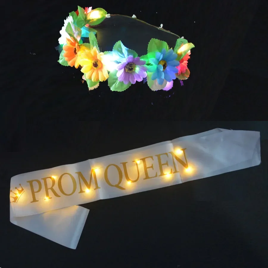 Neon Party Glow Flower Wreath Crown Headband Light Ribbon Sash Golden Letters Prom King Queen Wedding Festival