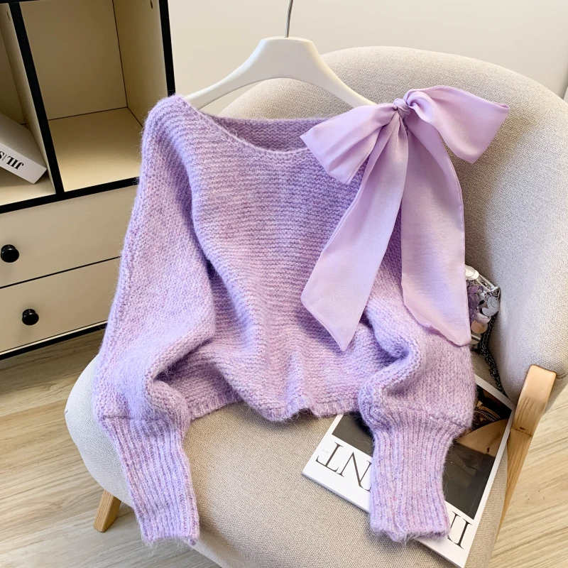 

Women's Purple Pullover Bow Sweater 2000s Vintage Korean Style Jumper Knit Long Sleeves Cozy Cashmere Sweater For Women Clothes