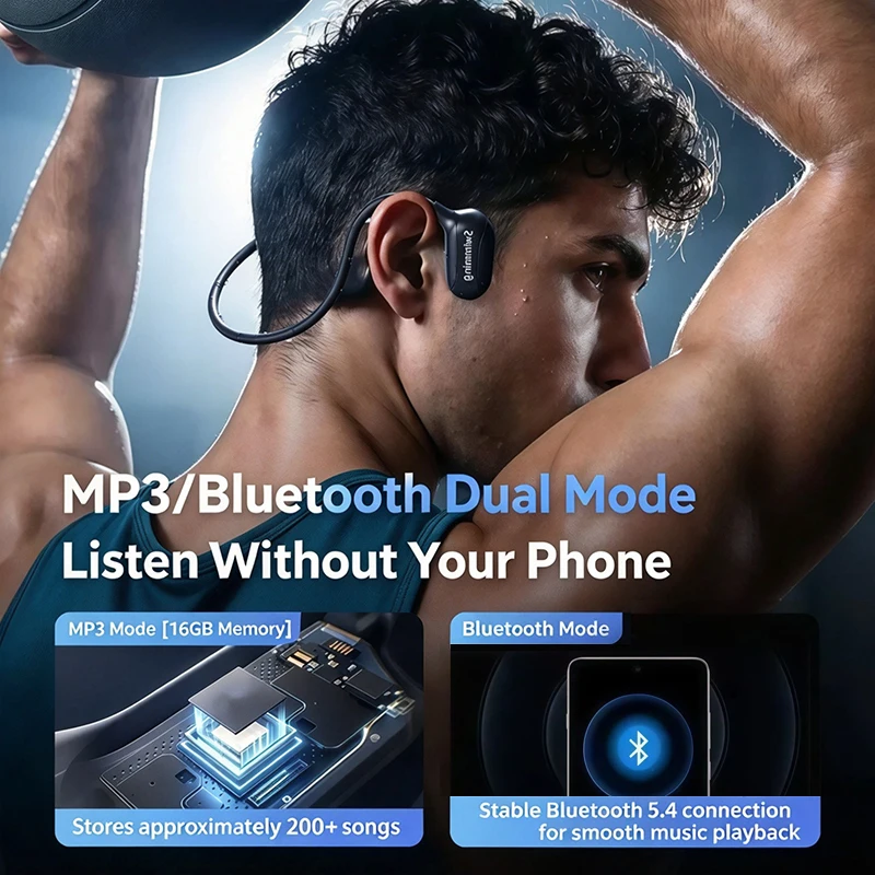 Bone Conduction Swimming Headphones IPX8 Waterproof Open Ear Headset Bluetooth 5.4 MP3 Dual Mode 16GB Memory Sports Earphones