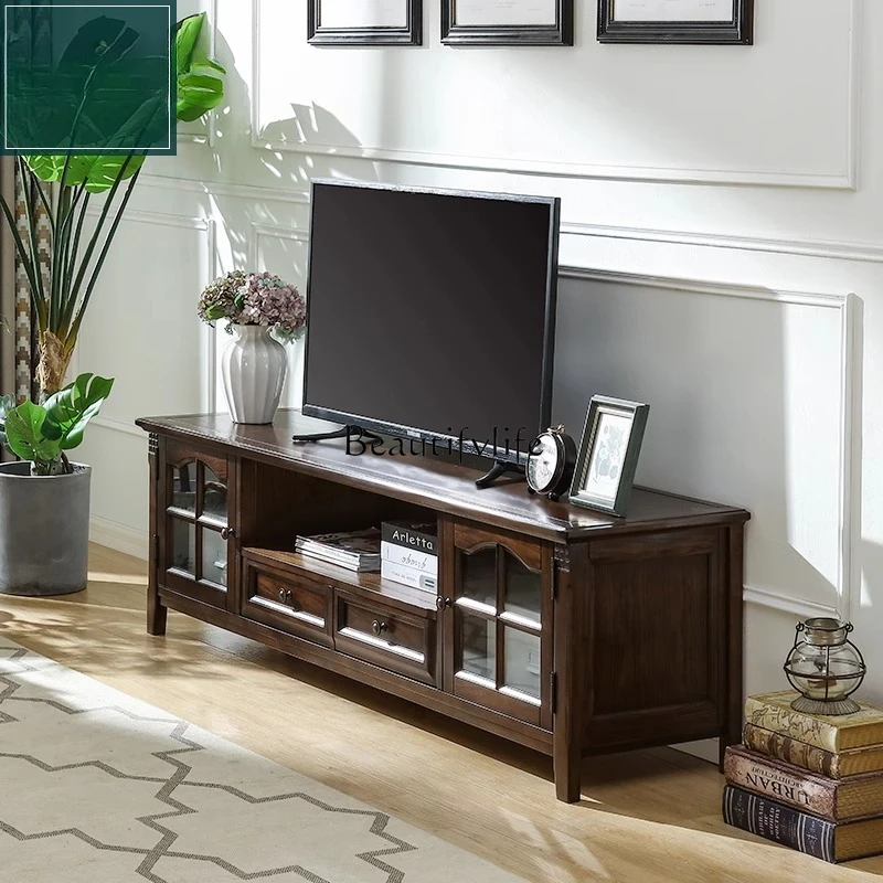 QQ American country black walnut ash wood solid wood living room combination TV cabinet
