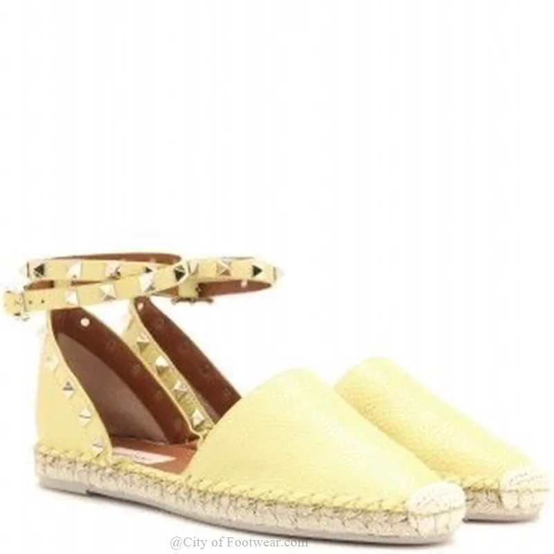 Rock Stud Double Black Leather Espadrilles Flat Stud Ankle Strap Flats Sandals Women's Summer New in Luxury Designer Shoes