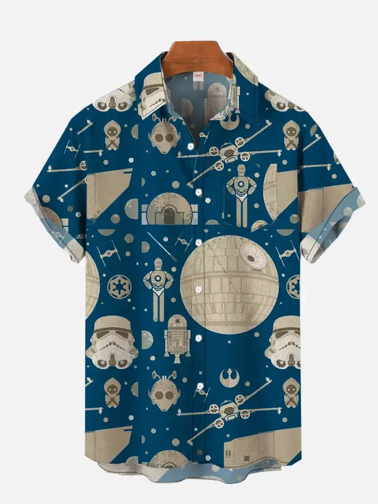 Retro blue space war element planet and robot printed short-sleeved shirt European version S-5XL