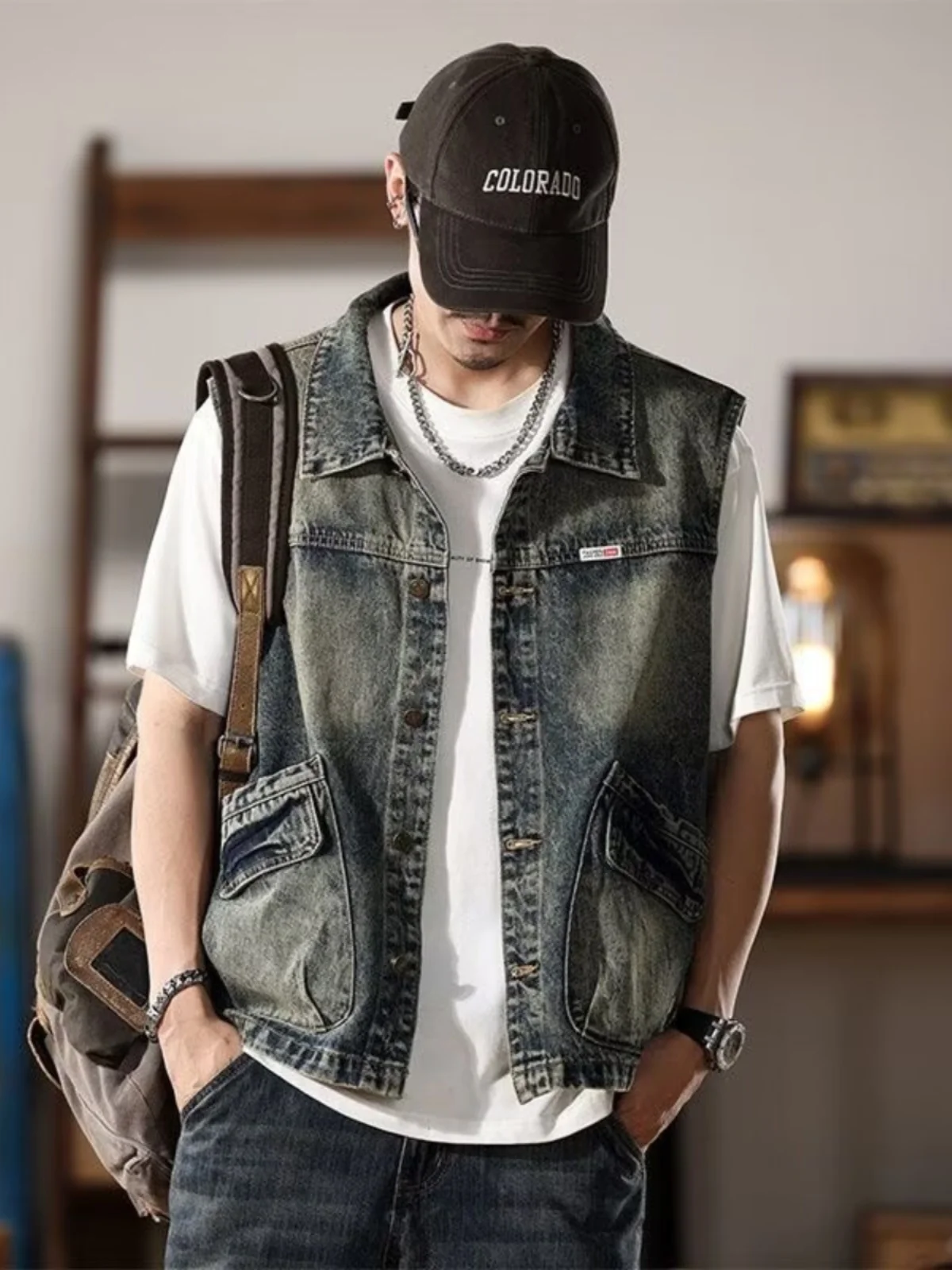 Retro American Denim Vest Men's Large Size Sleeveless Jacket with Big Pockets Youthful Vitality Style All-Season Casual Wear