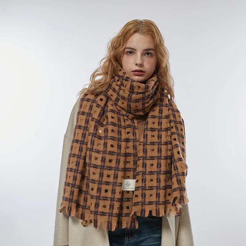 2023 Winter New niche design with hollowed out plaid soft raw edge women's scarves thickened and warm paired with a cold shawl