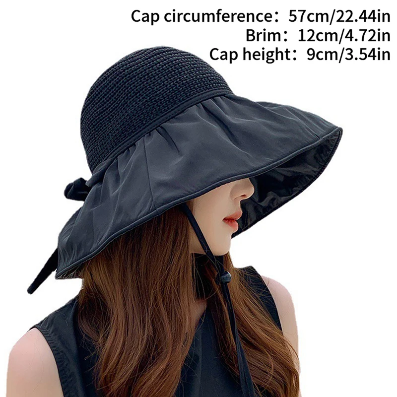 Summer New Women Bucket Hat UV Protection Sun Hats Solid Color Soft Foldable Wide Brim Outdoor Beach Panama Cap Ponytail Caps