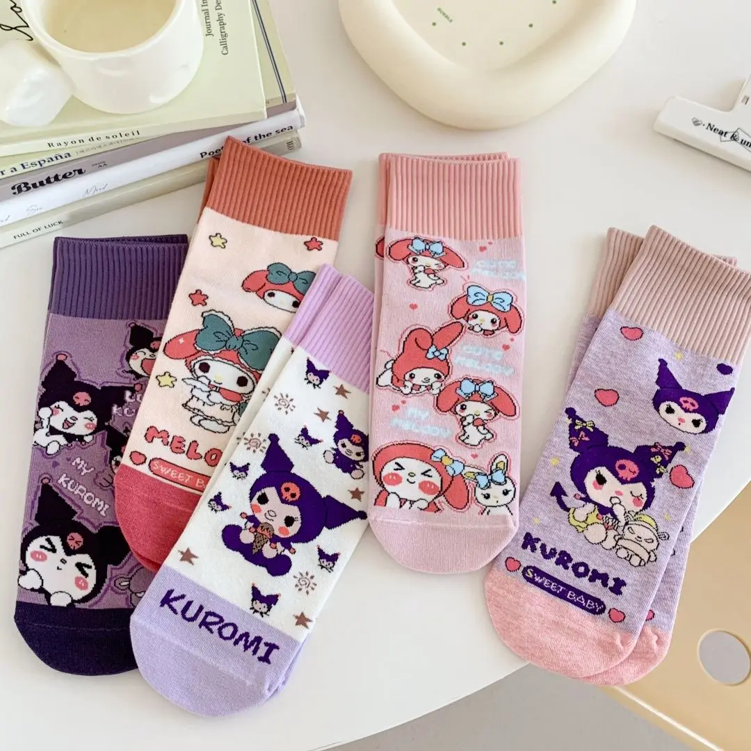 

Sanrio Kuromi Girls Sports Socks Kawaii Sanrio Stockings Purple Combed Women's Exquisite Cute Cartoon Soft Cotton Mid-tube Socks