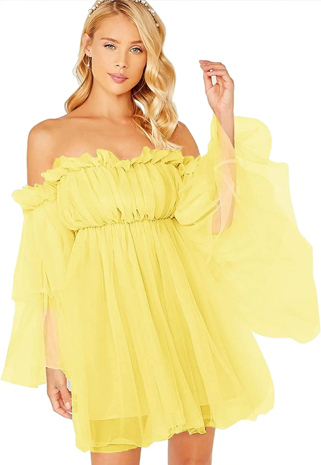 NEW S-5XL Women\'s Romantic Off Shoulder Flounce Long Sleeve Wedding Ruffle Mesh Party Mini Dress