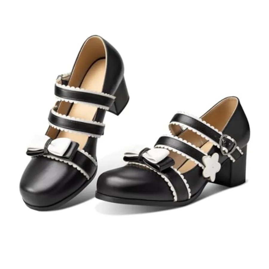 

Women's Sweet Lolita Mary Jane Shoes Black and White Bow Double Strap Chunky Mid Heel Pumps Vintage Cosplay Dress Shoes for Par