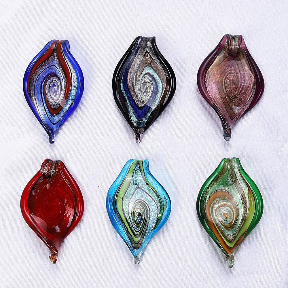 Qianbei Wholesale 6pcs Handmade Murano Lampwork Glass Mix Color Big Leaves Pendant Fit Necklace Jewelry Gifts