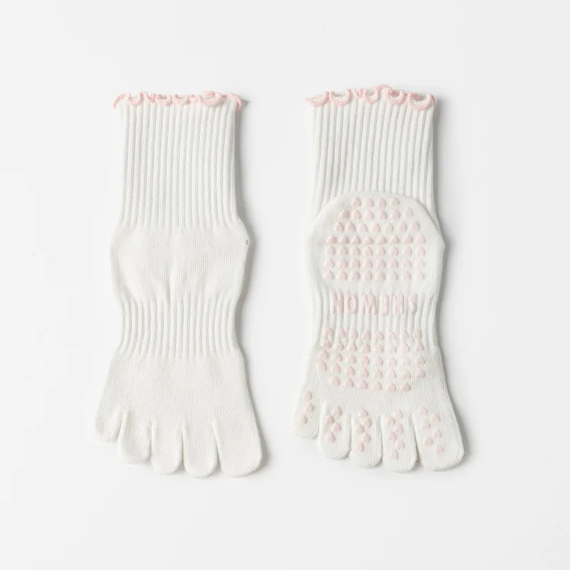 

Pilates Five Toes Socks Women Cotton Lettuce-Edge Silicone Non-slip Grip Crew Full Toe Yoga Socks