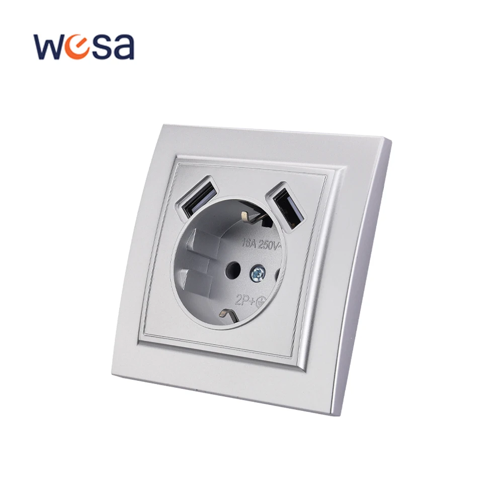 WESA Silvery Dual USB Power Socket 2.1A EU Standard Electrical Outlett Standard Ground Plug Wall Socket Flame Retardant Plastic