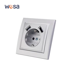 WESA-toma de corriente USB Dual plateada, 2,1a, estándar de la UE, Outlett eléctrico, toma de tierra estándar, toma de pared, plástico ignífugo