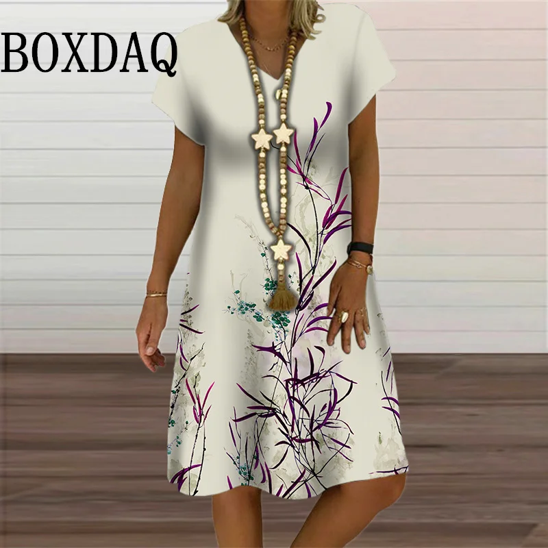 Plant Flower Print Summer Dresses Women Painting Loose Short Sleeve Dress Sundress Casual V-Neck Ladies Oversized New Clothing