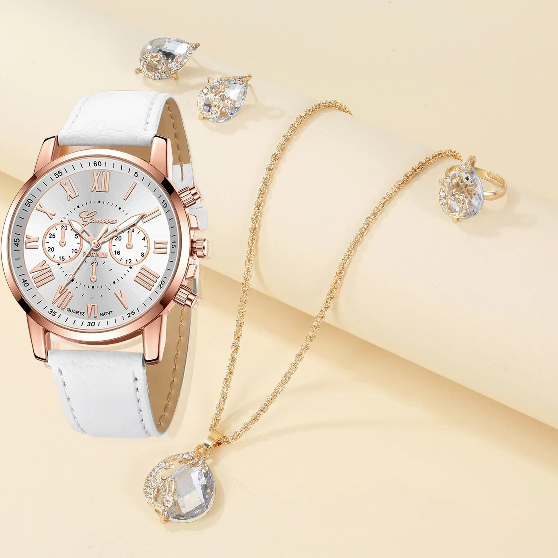 ساعة نسائية عصرية بمينا روماني بسيط، ساعة كوارتز، ساعة نسائية بحزام جلدي وقلادة وأقراط وخاتم