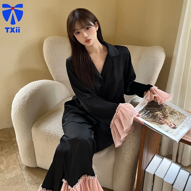 TXii Newlook Ice Silk Pajamas Women's Autumn New High-end Ruffled Long-sleeved Girl's Sweet Casual Outfit Outfit