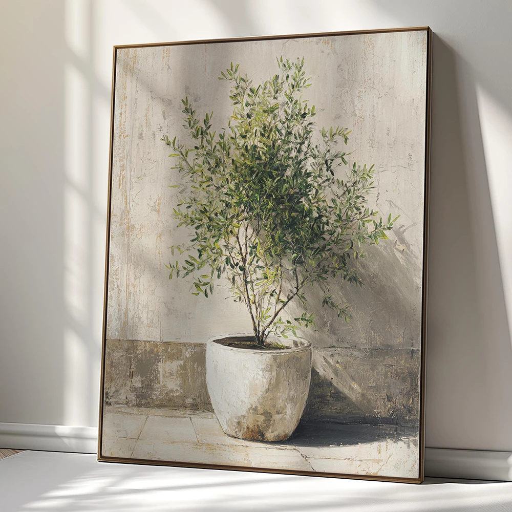 Olive tree in white pot canvas print, minimalist Mediterranean plant wall art, elegant botanical home decor, neutral Scandinavia
