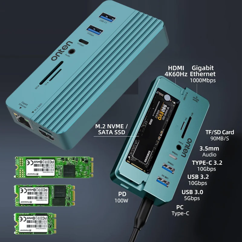 

SD/TF Card Reader Game USB-C Hub Multi-function docking station 10-in-1 M.2 NVME/SATA SSD Splitter Adapter USB3.0 converter 10G