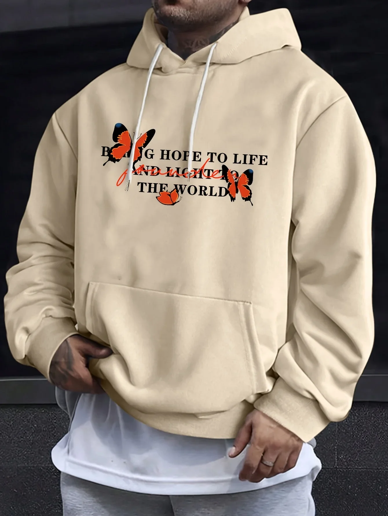 Men's Retro Hoodie Prometheus Stacked Text Orange Butterfly Graphic Back Print Oversized Pocket Pullover Sweatshirt Streetwear