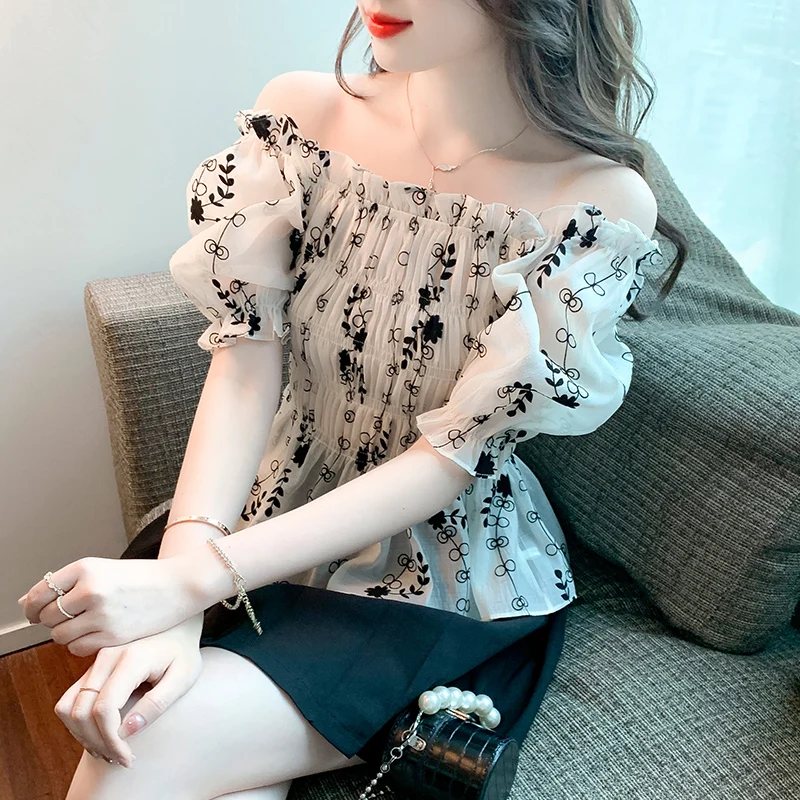 

Chic Printed Puff Short Sleeved Blouse Women Elegant Ruffled Square Collar Slim Blouses Korean Style Fashion Ladies Summer Tops