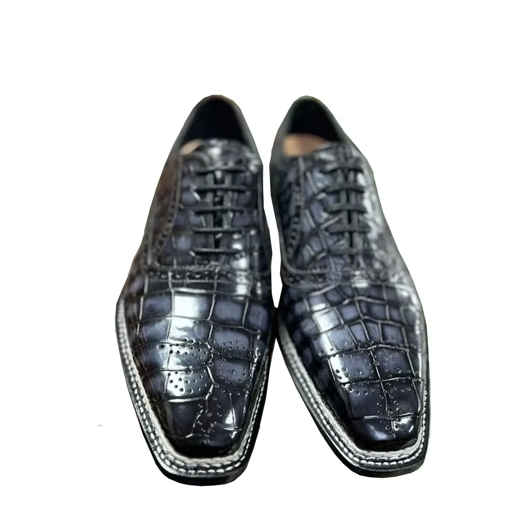 yinshnag new men dress shoes navy brush color male formal shoes men crocodile shoes Norwegian stitch