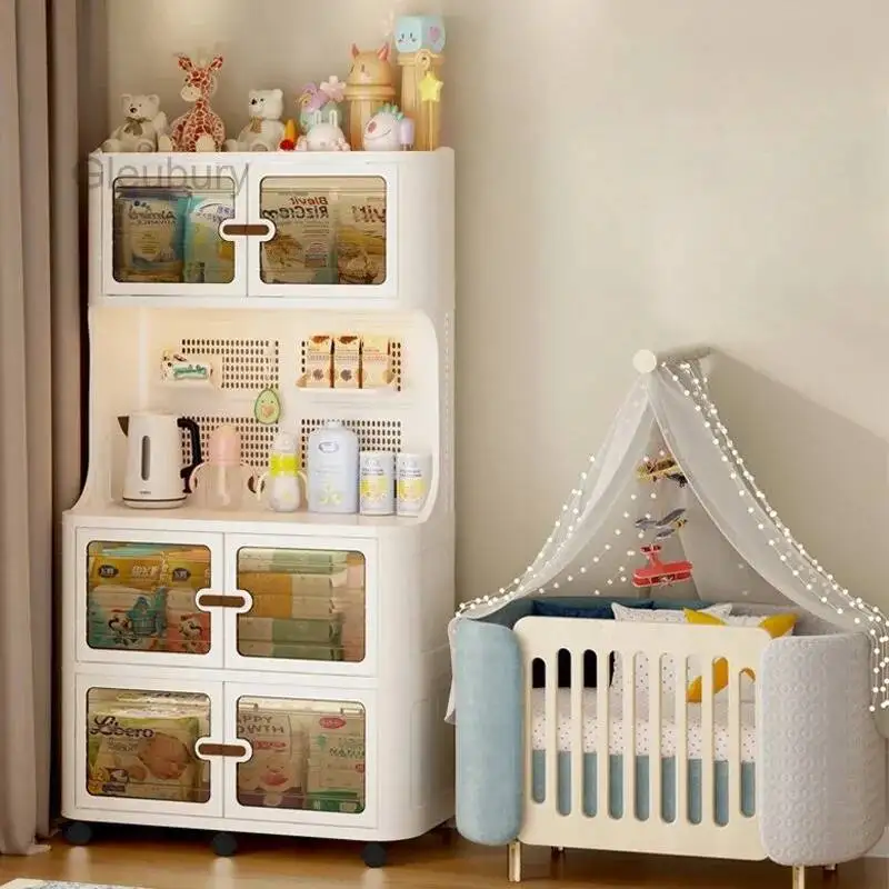 Plastic Baby Feeding Table Cabinet with Doors Drawer and Open Shelf Pantry Storage Organizer on Wheels Sideboard for Living Room