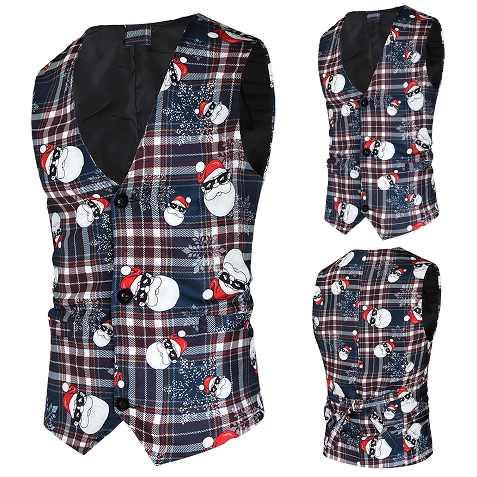 Men Christmas Print Suit Vest Fashion V-Neck Single Breasted Waistcoat Sleeveless Fitness Jacket Xmas Evening Party Leisure Tops