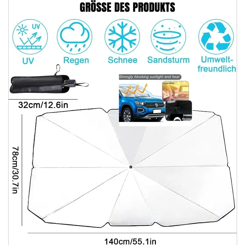 Car Sunshade Umbrella for Front Windshield, Blocks Sun and Keeps Heat Out, Perfect for Summer, 360° Rotatable and Foldable