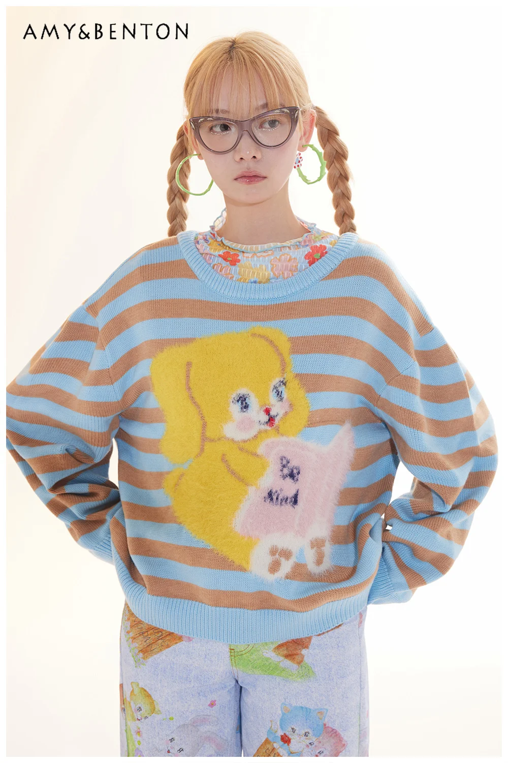 

Autumn New Color-Block Cute Animal Print Women's Wool Pullover Original Design Japanese Loose Striped Slimming Sweater Ladies