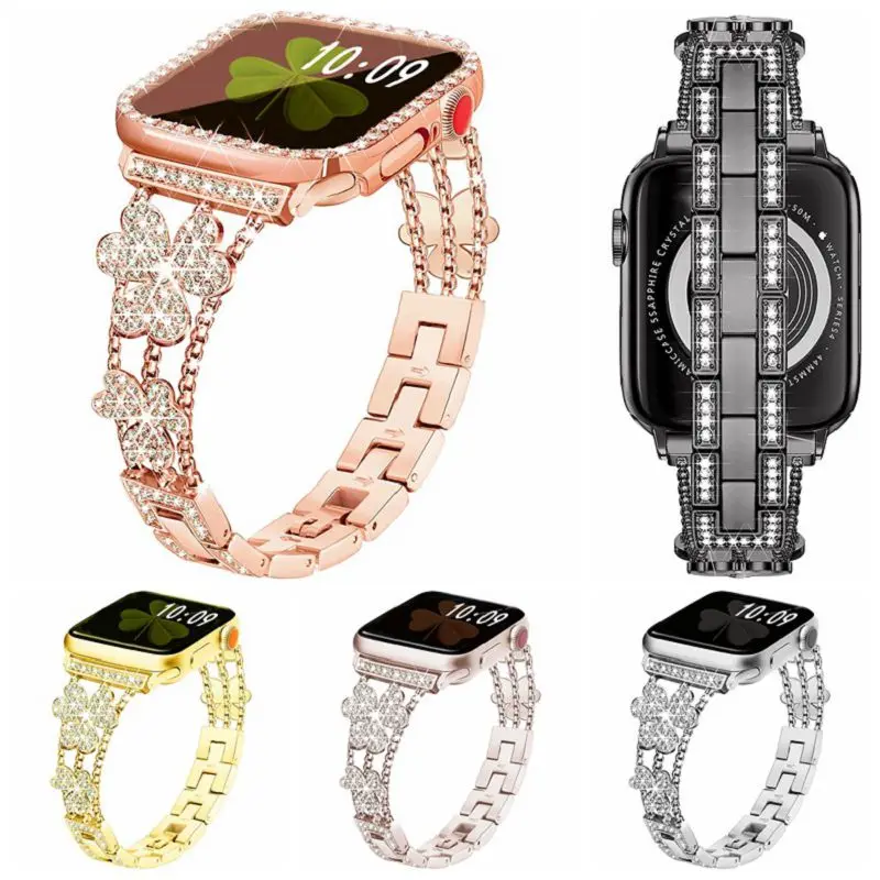 For Apple Watch Bands Metal Diamond Apple Watch Ultra Straps 9 8 7 6 5 4 3 2 1 SE Bling Clover iwatch Luxury Straps iwatch Bands