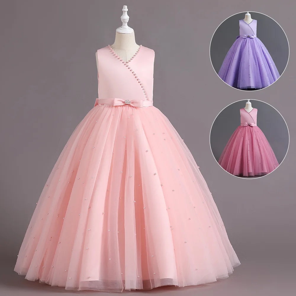 

ELBCOS 4-16T Kid Girls Princess Beading Solid Color No-Sleeve Straight Skirt Costume Evening Full Dress