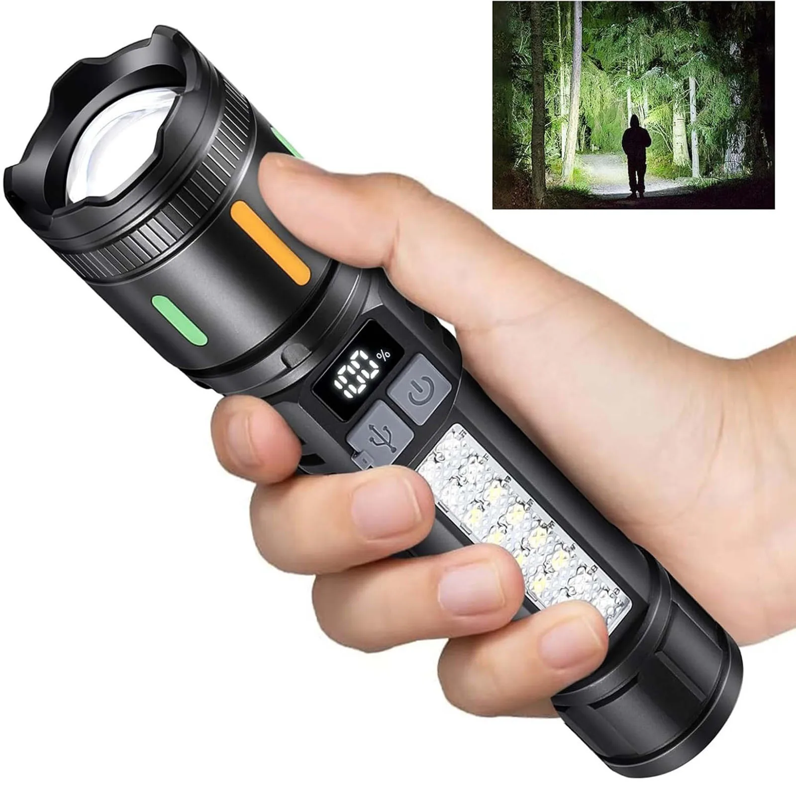 3000 Lumens Rechargeable Flashlight w/ LCD Display Type-C USB 5 Modes Side Light Warning IPX6 Tactical Torch for Camping Hiking